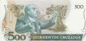 La banconota brasiliana di cinquecento cruzados, anni precedenti al 1994, raffigurante Heitor Villa Lobos, sul verso la sua frase: “considero le mie opere come messaggi per l’umanità senza aspettare risposta”. Retro